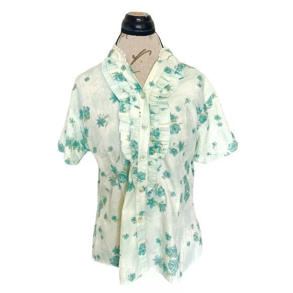 Newnoble Ruffle Floral Button Blouse Embroidered Rockabilly 50's 60's look - Picture 1 of 12